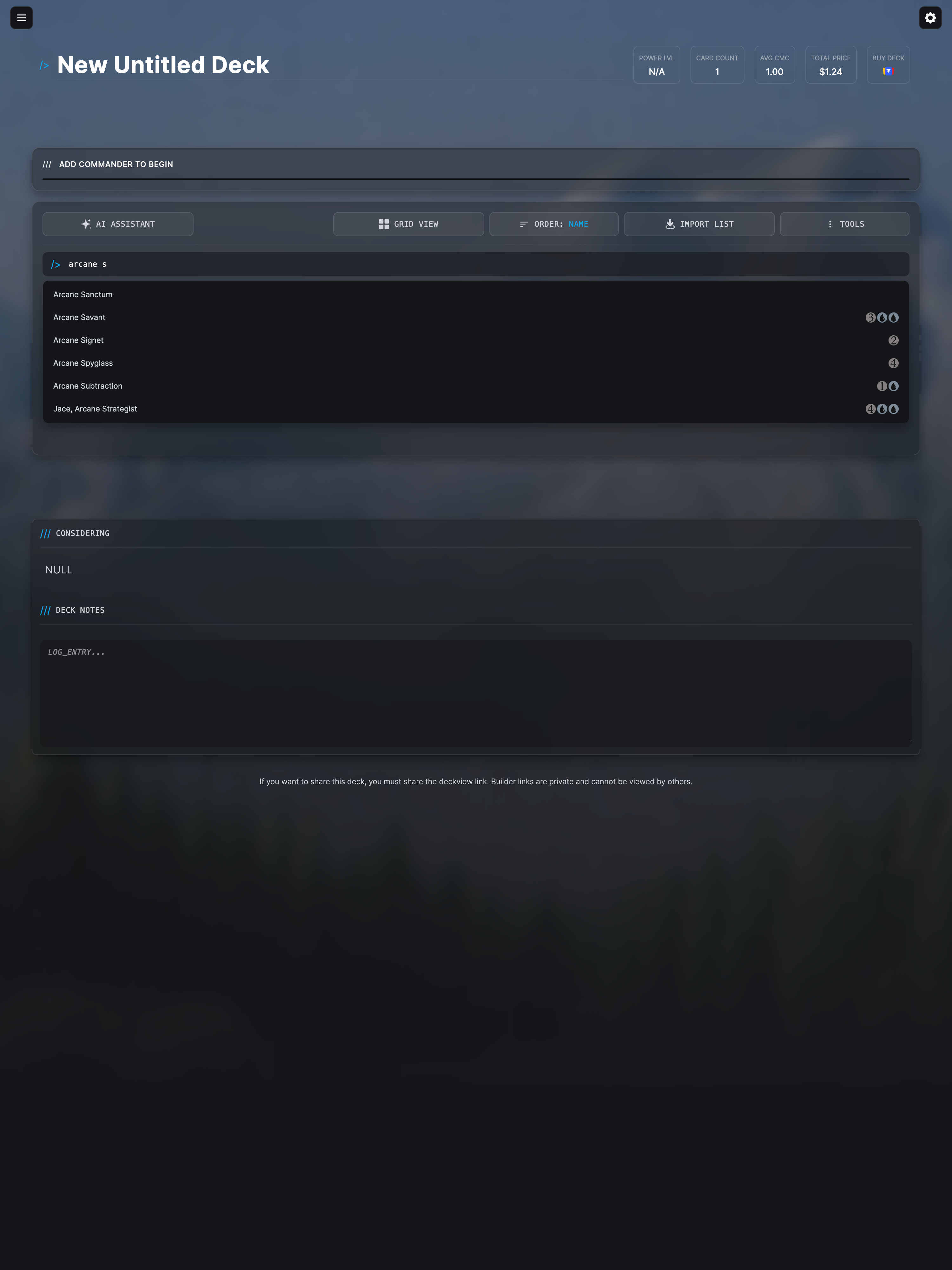 The card search bar showing autocomplete results.
